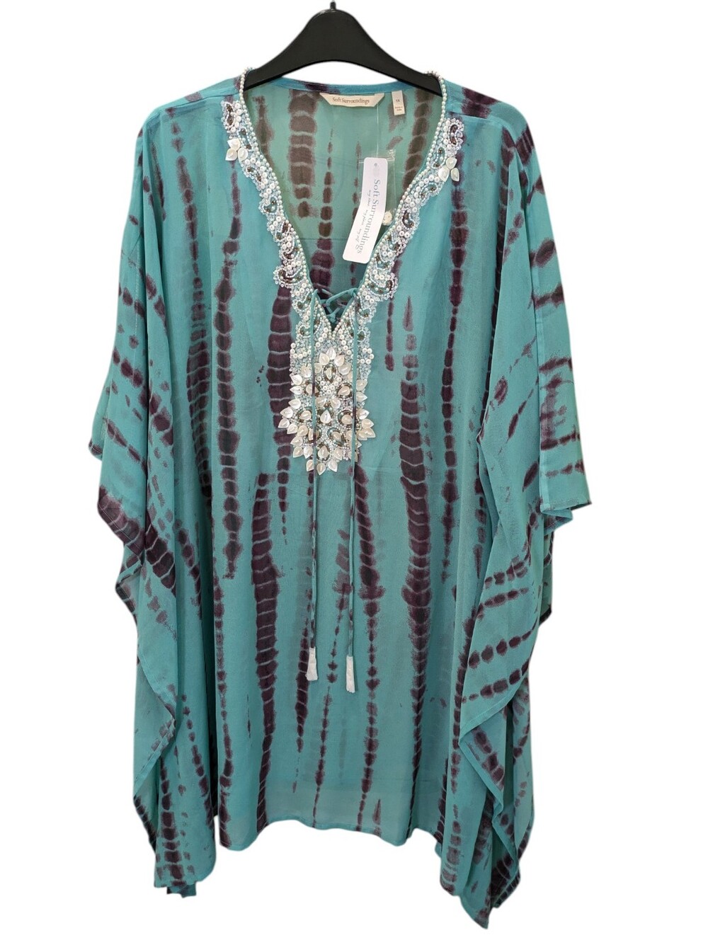 NEW Soft Surroundings Galene Tunic 1X Teal Tie Dye Beaded Sheer Swim Coverup